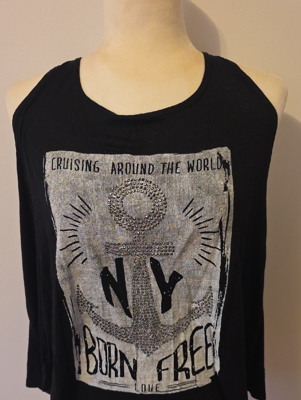 Black Anchor Graphic Tank Top with Metallic Studs